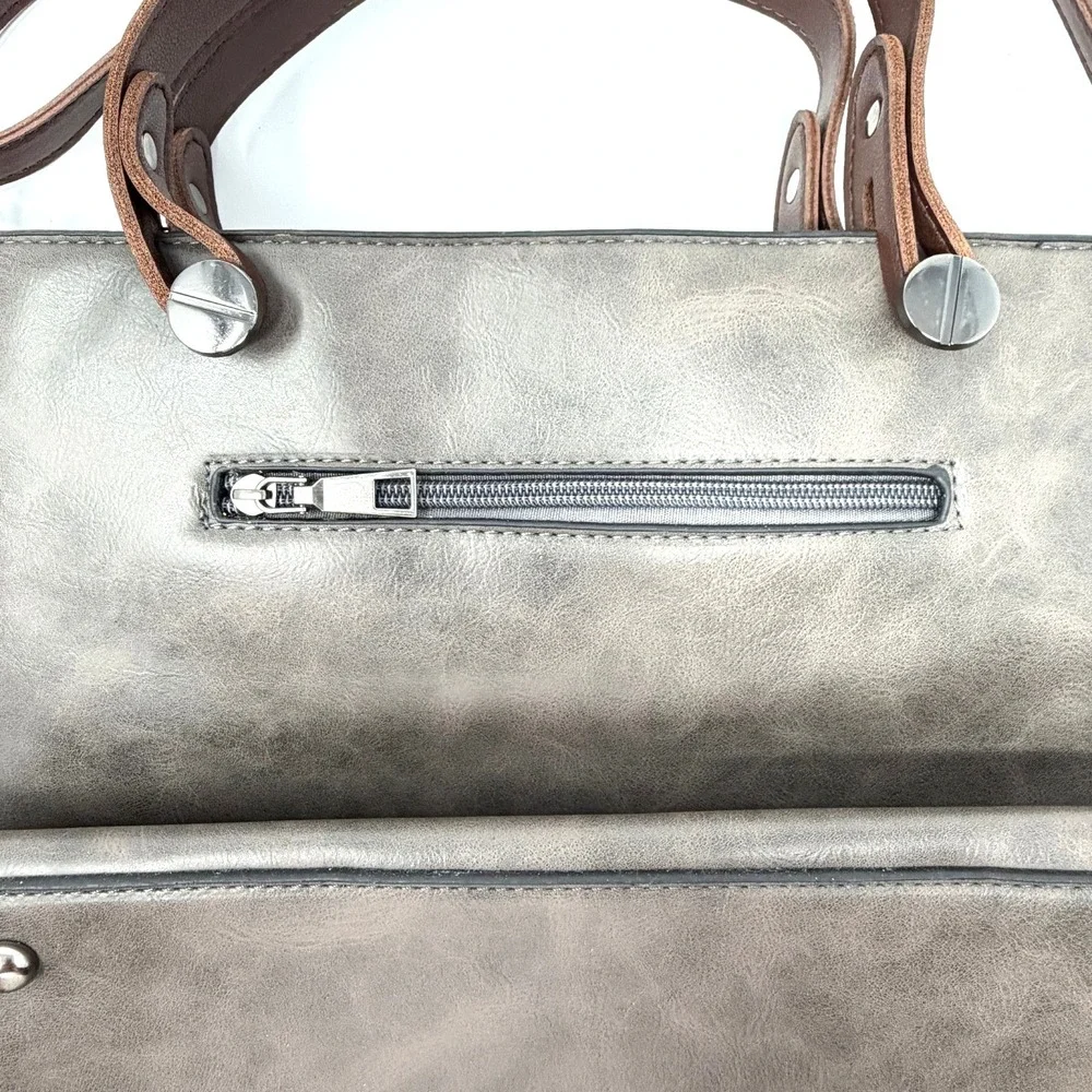Gray Leather Tote Bag Brown Strap Large Zip‎ Pocket Shoulder Bag